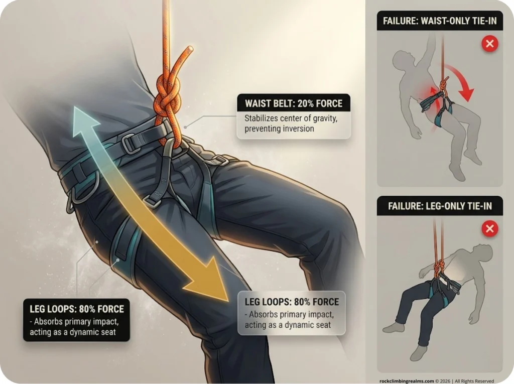 Infographic showing fall force distribution on climbing harness with leg and waist load vectors and single-point failure risks