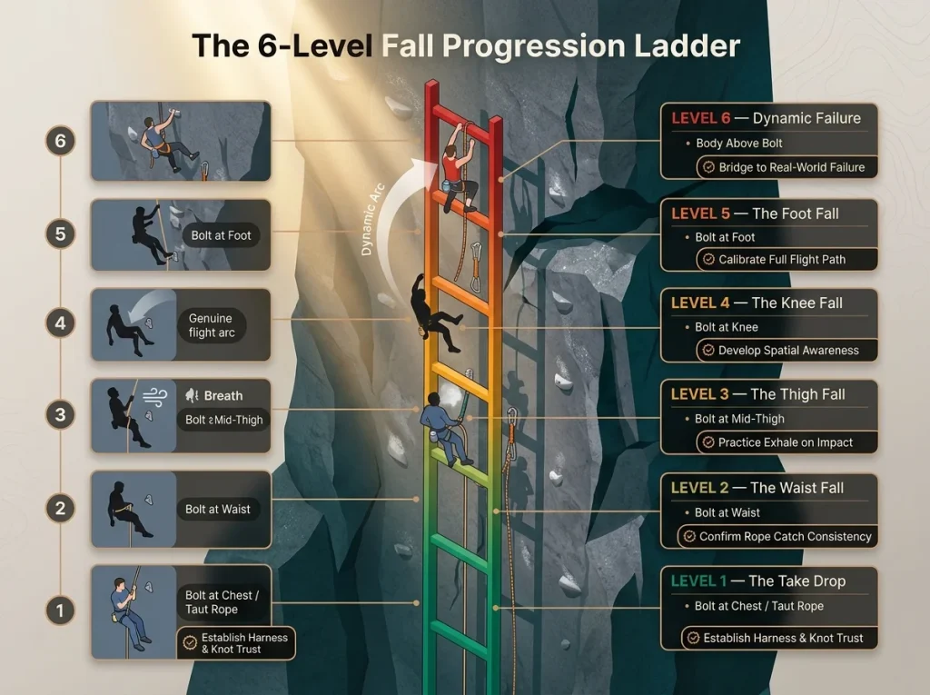 Vertical ladder infographic showing 6 levels of climbing fall practice with bolt positions, objectives, and color-coding.