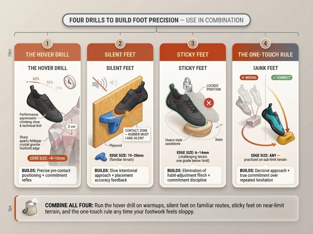 Infographic comparing 4 climbing footwork drills with illustrated technique, target hold size, and key cues per drill