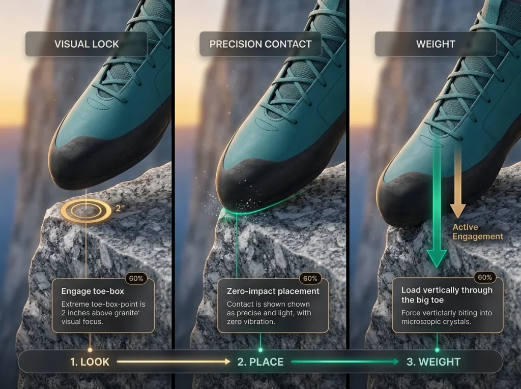 Infographic showing the 3-step foot placement sequence for climbing: Look, Place, Weight with technical detail labels