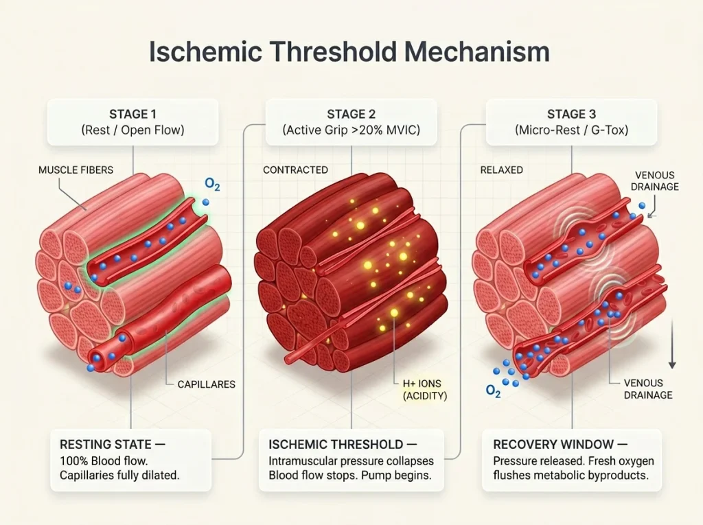 Infographic showing forearm capillary collapse during climbing grip with physiological stages and H+ ion accumulation