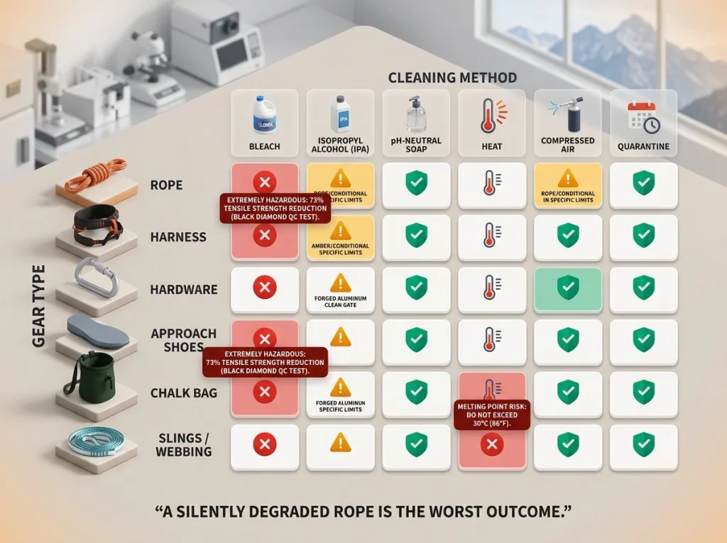 Decision matrix for climbing gear decontamination showing approved methods and safety warnings with traffic-light color coding