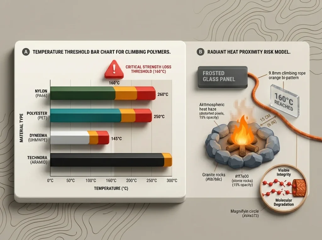Infographic comparing heat sensitivity thresholds of climbing polymers (Nylon, Dyneema, etc.) with a campfire-to-rope distance risk model