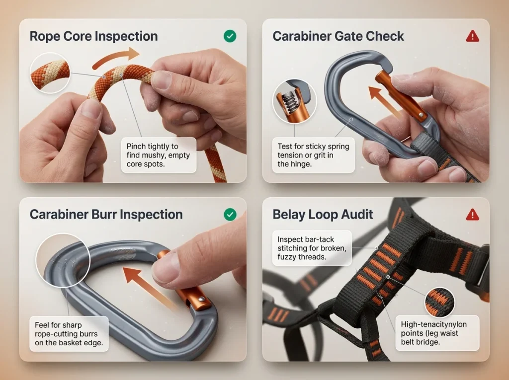 Infographic showing 4 vital climbing gear inspections with labeled technique details for ropes, carabiners, and harnesses