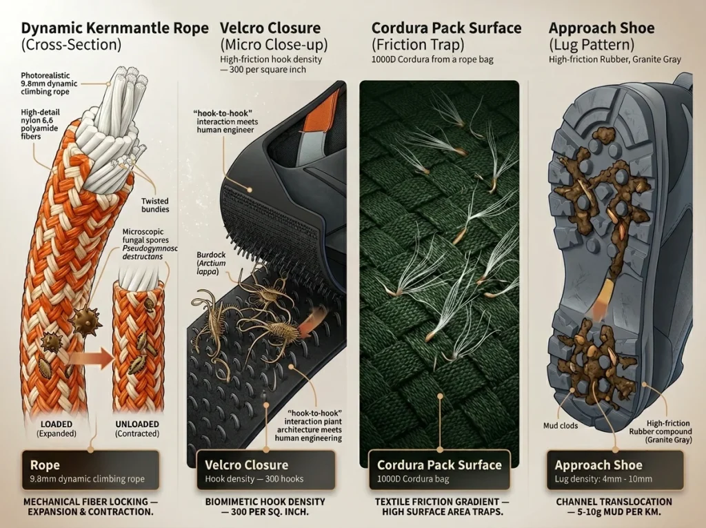 Infographic comparing 4 climbing gear types showing seed and spore entrapment mechanisms with technical labels and arrows