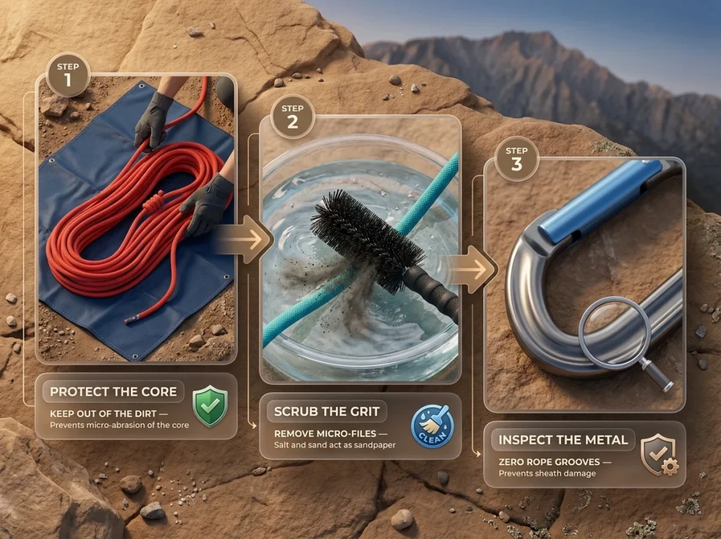 Step-by-step sequence showing rope flaking on a tarp, using a rope brush, and inspecting a clean carabiner basket