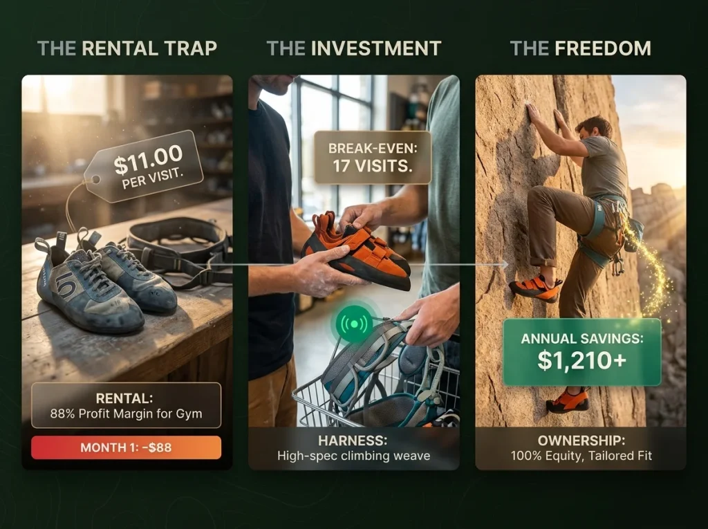 Three-panel photo sequence comparison of rental gear versus ownership ROI over 12 months
