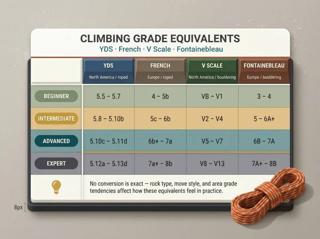 Infographic showing climbing grade equivalents across YDS, French, V Scale, and Fontainebleau with beginner-to-expert skill bands