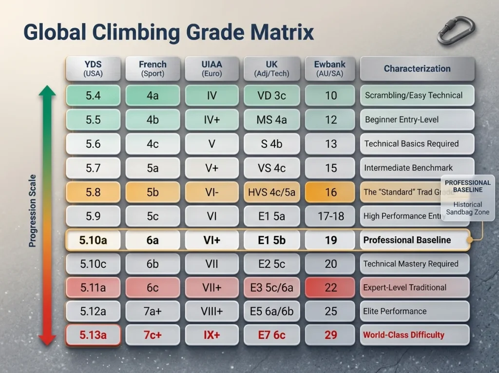 International climbing grade conversion matrix infographic from 5.4 to 5.13a with color-coded difficulty levels