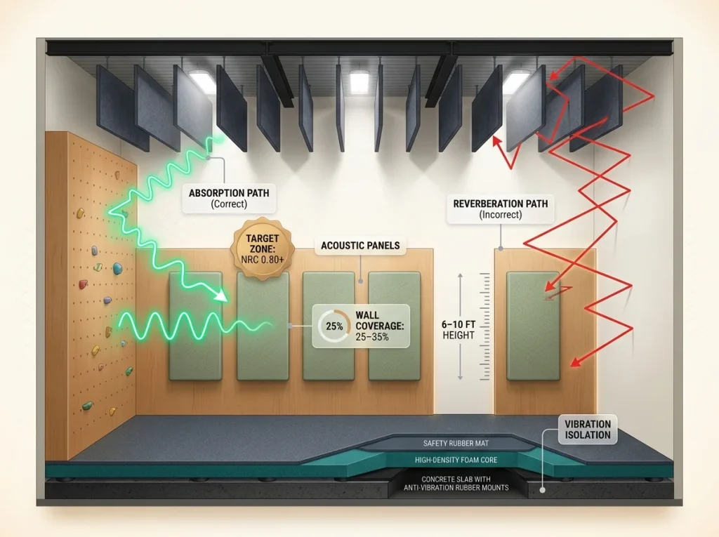 Infographic cross-section of climbing gym acoustic design with panel placement, ceiling baffles, and sound absorption paths.