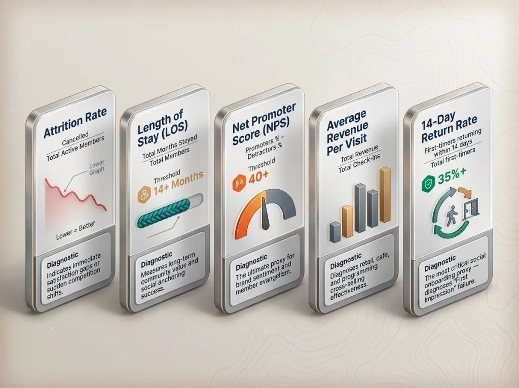 Infographic showing 5 key climbing gym retention KPIs with formulas, thresholds, and diagnostic insights for gym owners.