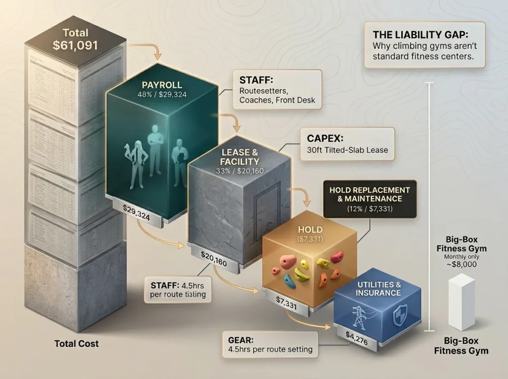 Waterfall infographic comparing $61,091 climbing gym monthly costs (staff, lease, gear) vs $8,000 big-box gym costs