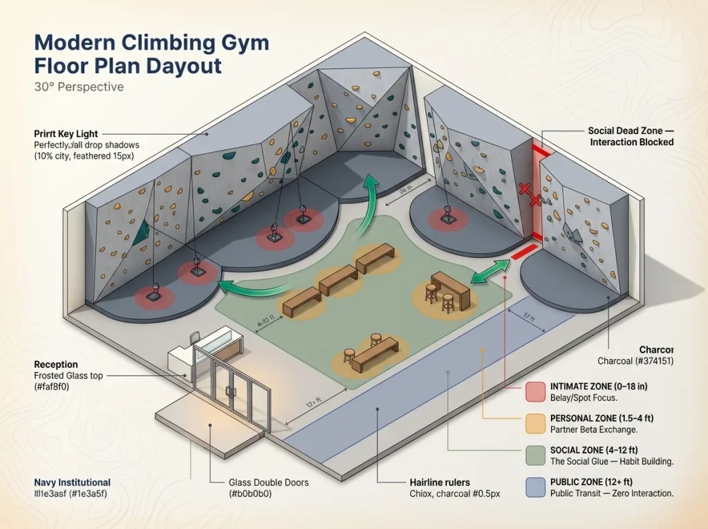 Infographic floor plan showing 4 proxemic zones in a climbing gym with social interaction paths and wall panel blocks.