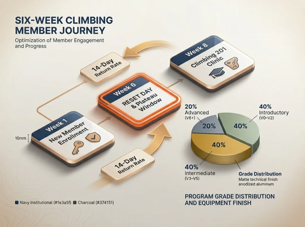 Infographic showing a 6-week routesetting cycle mapped against member milestones and grade distribution targets.