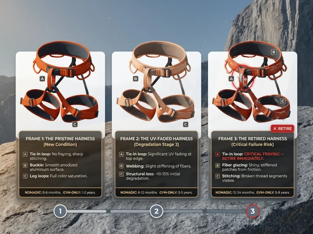 Three-frame photo sequence showing climbing harness degradation from new, to UV-faded, to frayed and retired