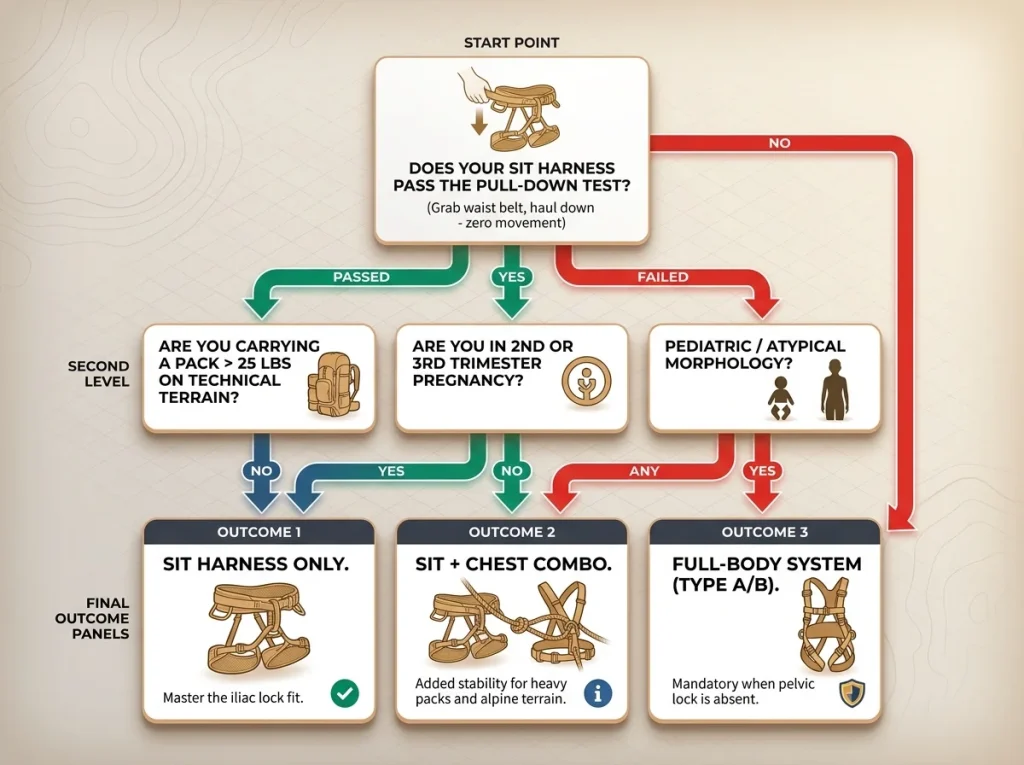 Infographic showing a decision flow chart for selecting between a sit harness, chest harness, or full-body harness
