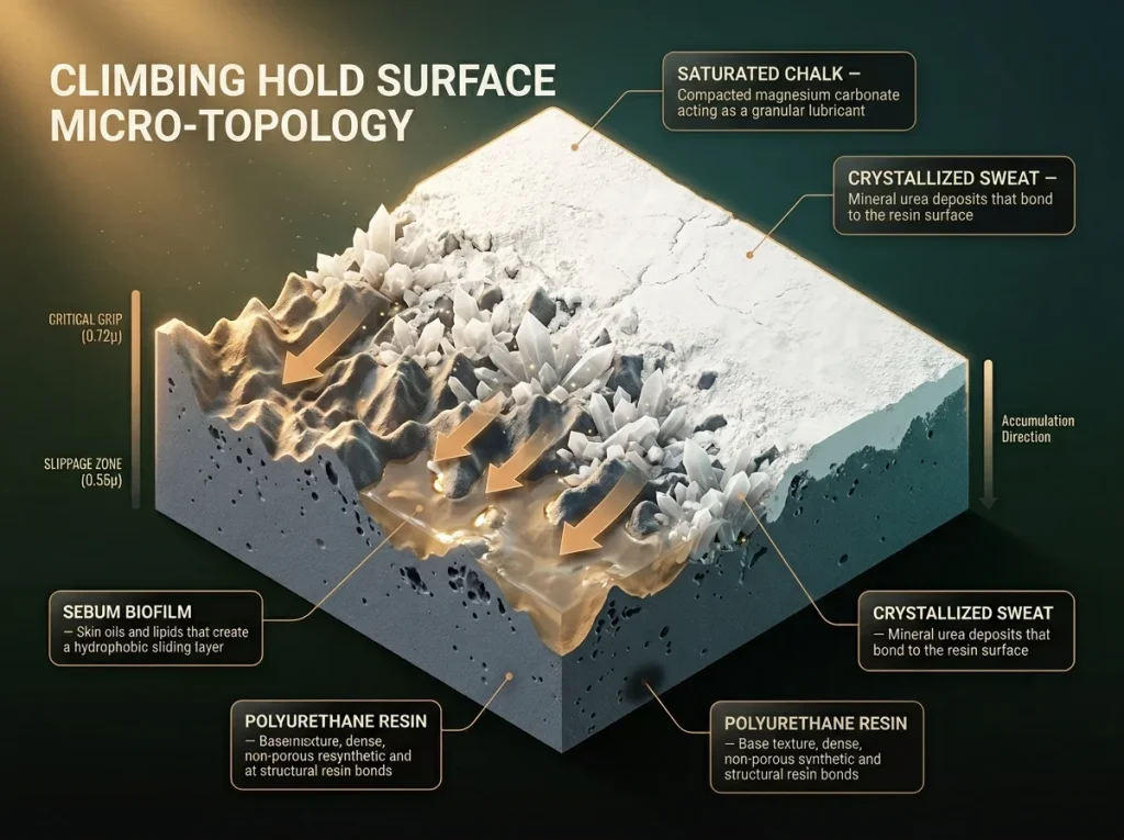 Infographic cross-section of a climbing hold surface showing layers of sebum, sweat crystals, and chalk in micro-texture valleys