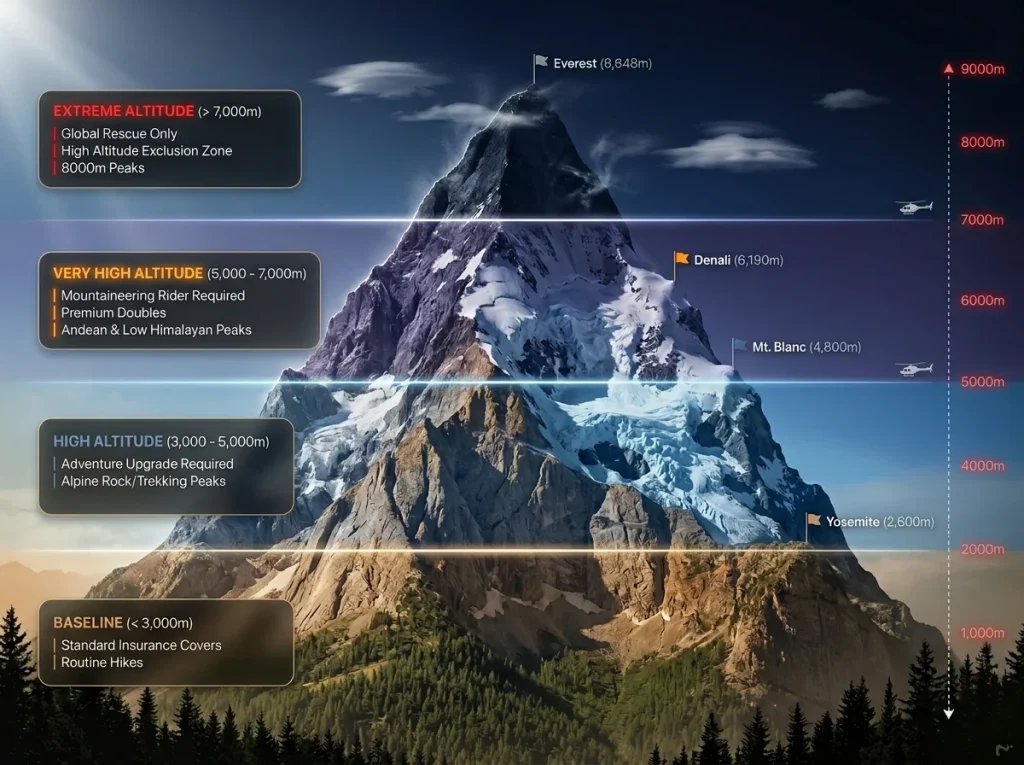 Infographic showing four mountain altitude tiers with corresponding insurance access levels, premium surcharges, and example peaks
