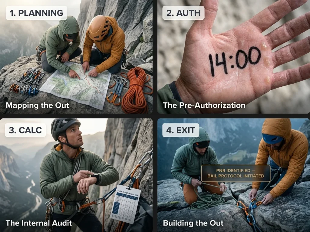 Four-panel photo sequence showing pre-climb descent planning, turnaround time written on palm, mid-route time calculation, and building a bail anchor at the PNR.