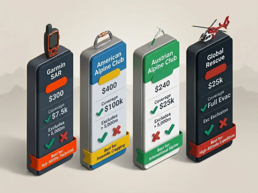 Infographic comparing four climbing rescue insurance tiers showing annual costs, coverage limits, and altitude exclusions