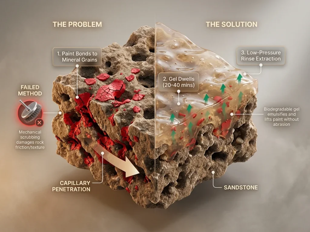 Technical cross-section of climbing rock showing graffiti paint particles deep in pores and the gel extraction process