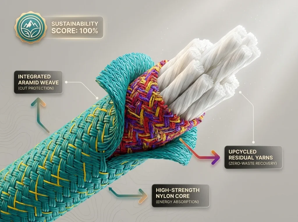 Technical diagram of a climbing rope showing the protective Aramid weave and recycled colored residual yarns inside