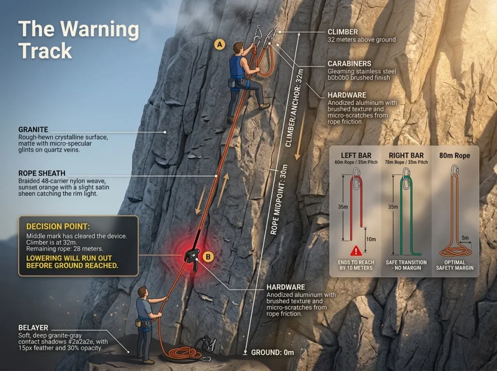 Infographic showing 32m pitch lowering risk with rope middle mark passing belay device and 60m vs 70m rope safety comparison