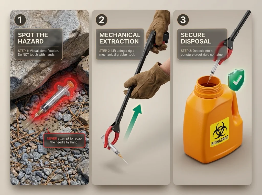 3-step safety sequence for disposing of needles at a crag: spotting, using a mechanical grabber, and rigid container disposal