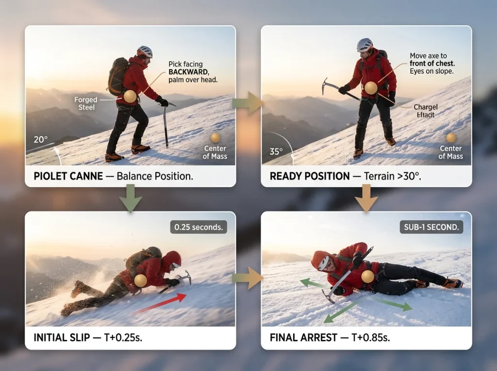 4-frame sequence showing ice axe self-arrest technique: walking, terrain steepening, slip, and arrest positions