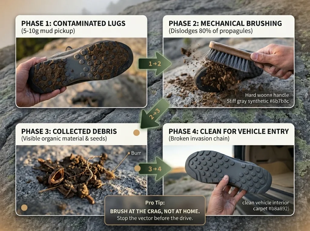 Photo-style sequence showing 4 steps for cleaning approach shoe soles with labels and mud removal details