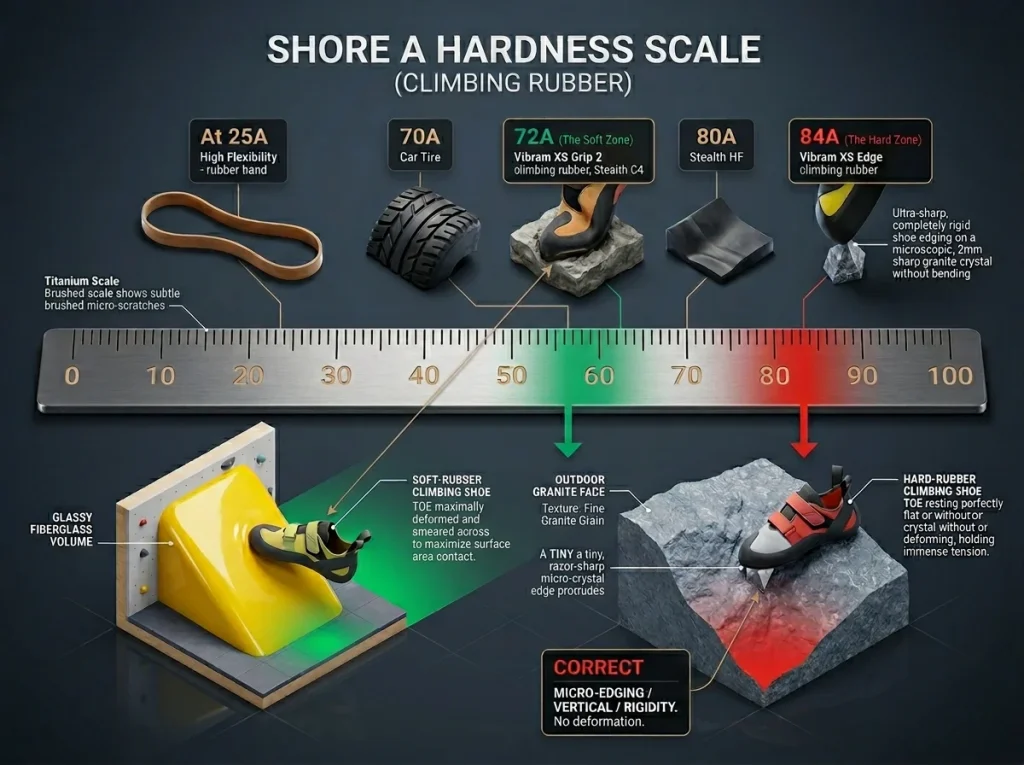 Infographic showing climbing shoe rubber Shore A hardness scale comparing soft compounds for volumes versus hard for edges