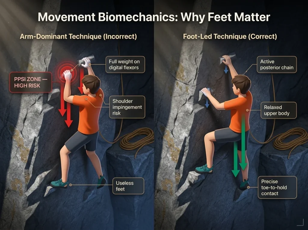 Infographic comparing arm-dominant vs foot-led climbing technique with labeled force vectors and PPSI warning zone
