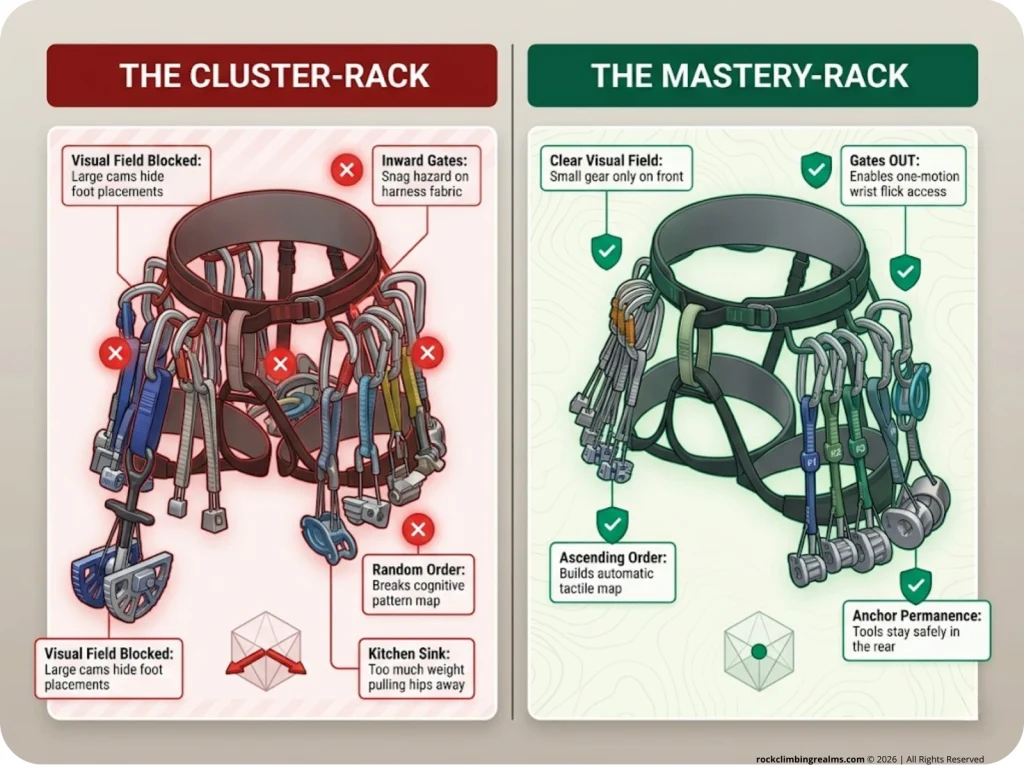 Infographic comparing disorganized cluster racking versus the optimized quadrant system highlighting common gear loop mistakes