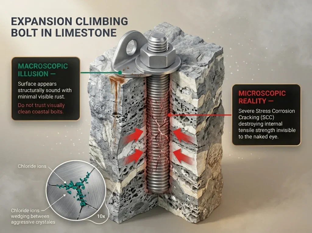 Infographic showing cross-section of climbing bolt with Stress Corrosion Cracking and hidden internal micro-fractures