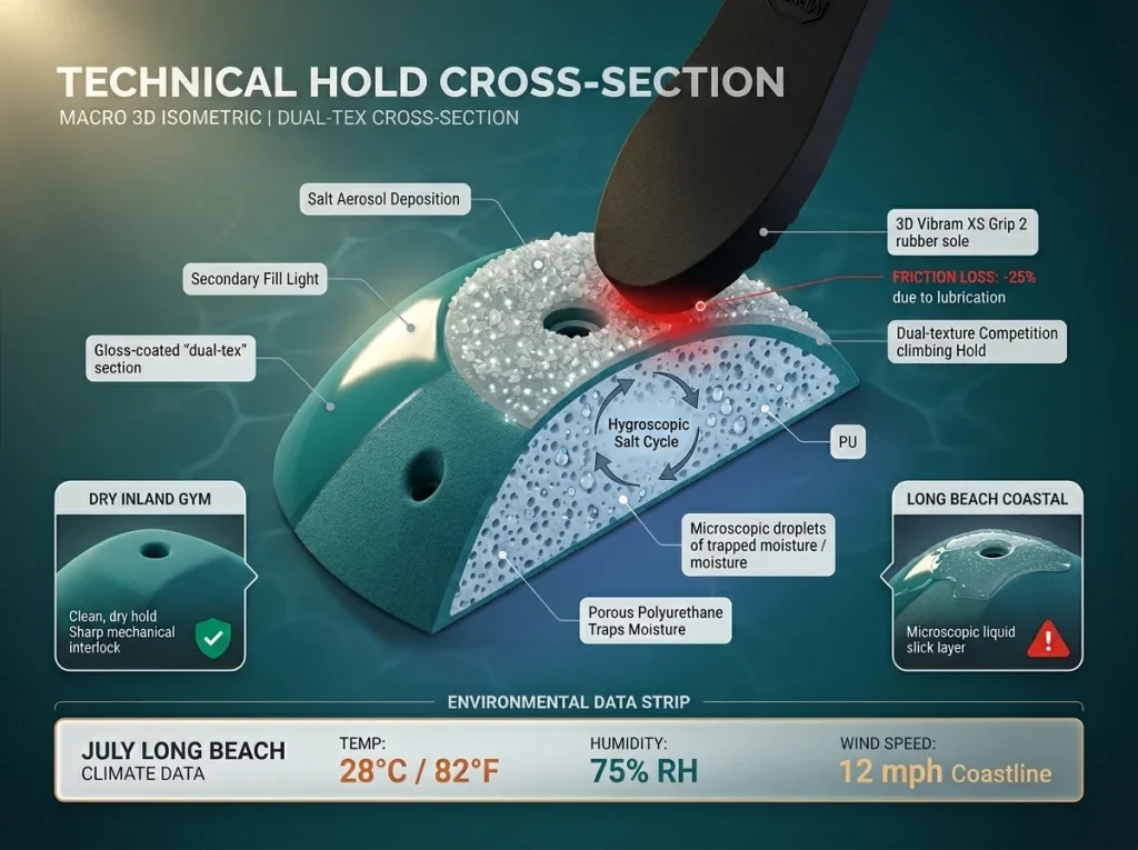 Infographic showing coastal salt aerosol and humidity's effect on climbing hold friction compared to dry inland gyms