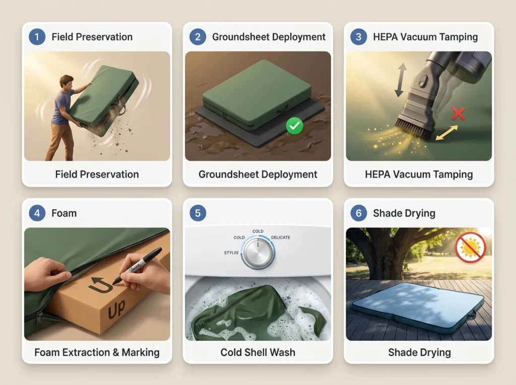 6-frame infographic showing crash pad cleaning steps from field preservation to air drying in shade