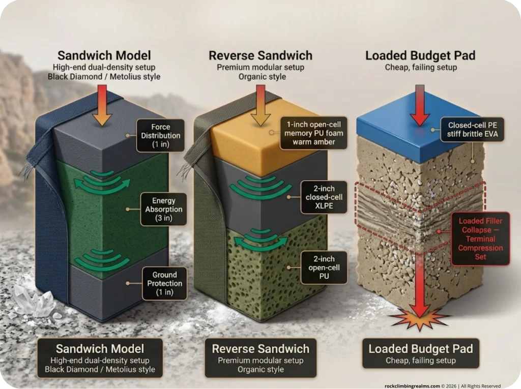 Infographic comparing crash pad foam cross-sections with labeled layers and functional roles