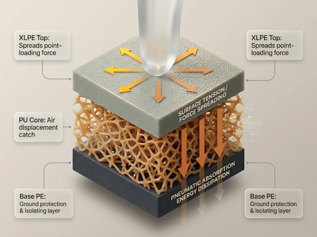 Infographic showing cross-section of 3-layer crash pad foam with labeled XLPE top, PU core, and force distribution arrows