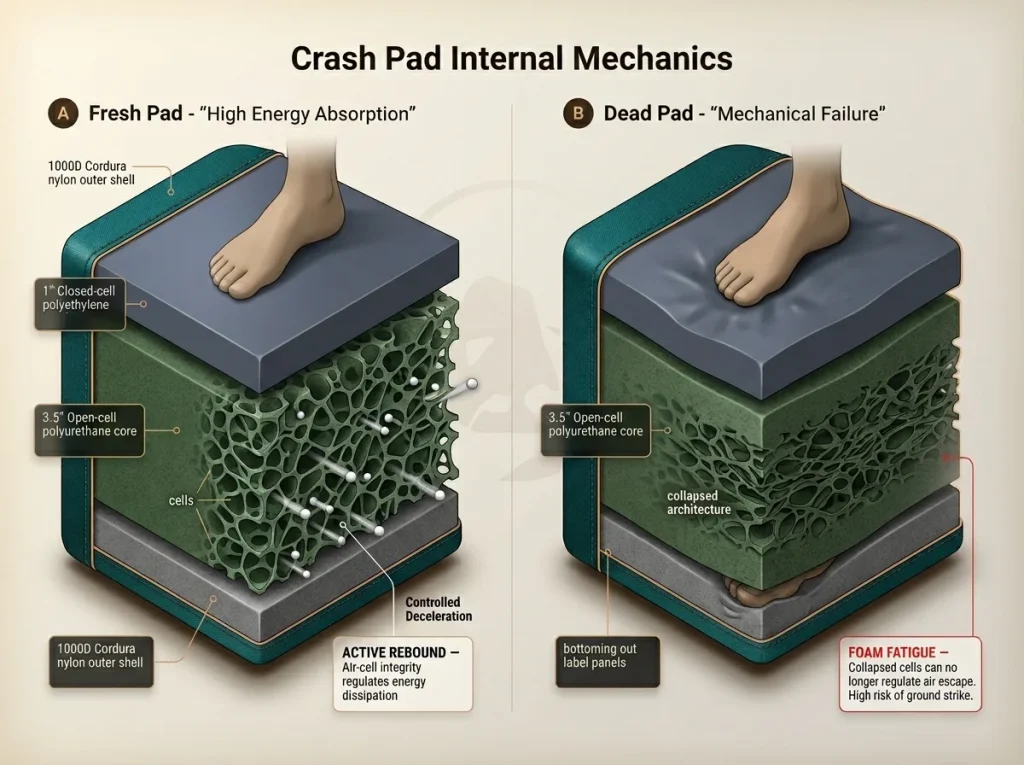 Infographic showing cross-section comparison of fresh versus dead crash pad foam with air-cell compression details