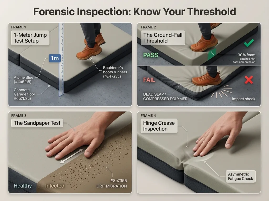 Infographic showing the 1-meter jump test for crash pad safety and the palm-drag grit detection test