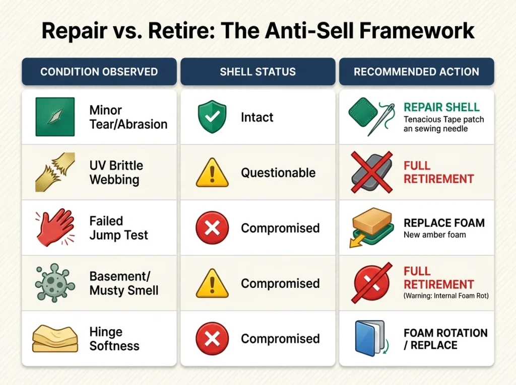 Decision matrix infographic for crash pad maintenance: when to repair the shell, replace foam, or retire the pad