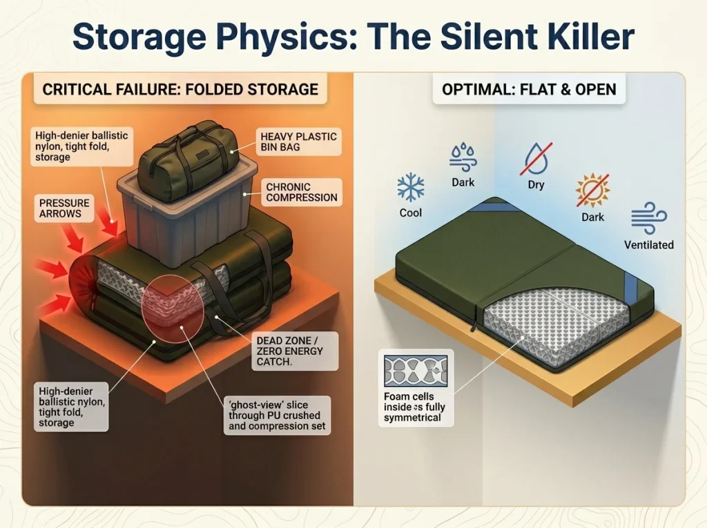 Infographic comparing taco pad compression damage when stored folded versus optimal flat storage environment