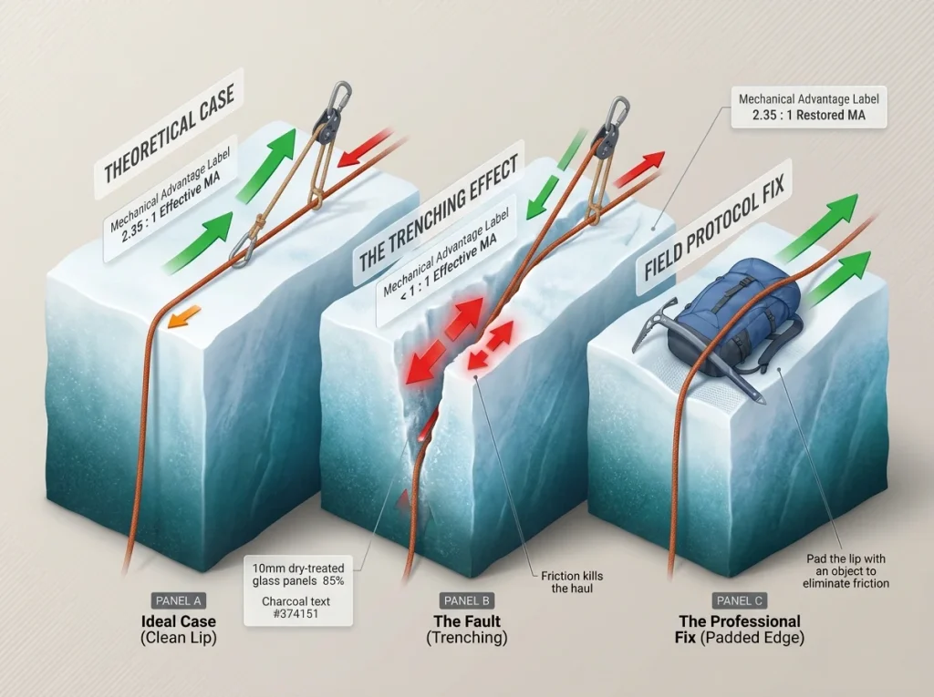 Force diagram of Z-drag crevasse rescue showing 3 scenarios: clean lip, trenched rope, and padded edge with MA ratios