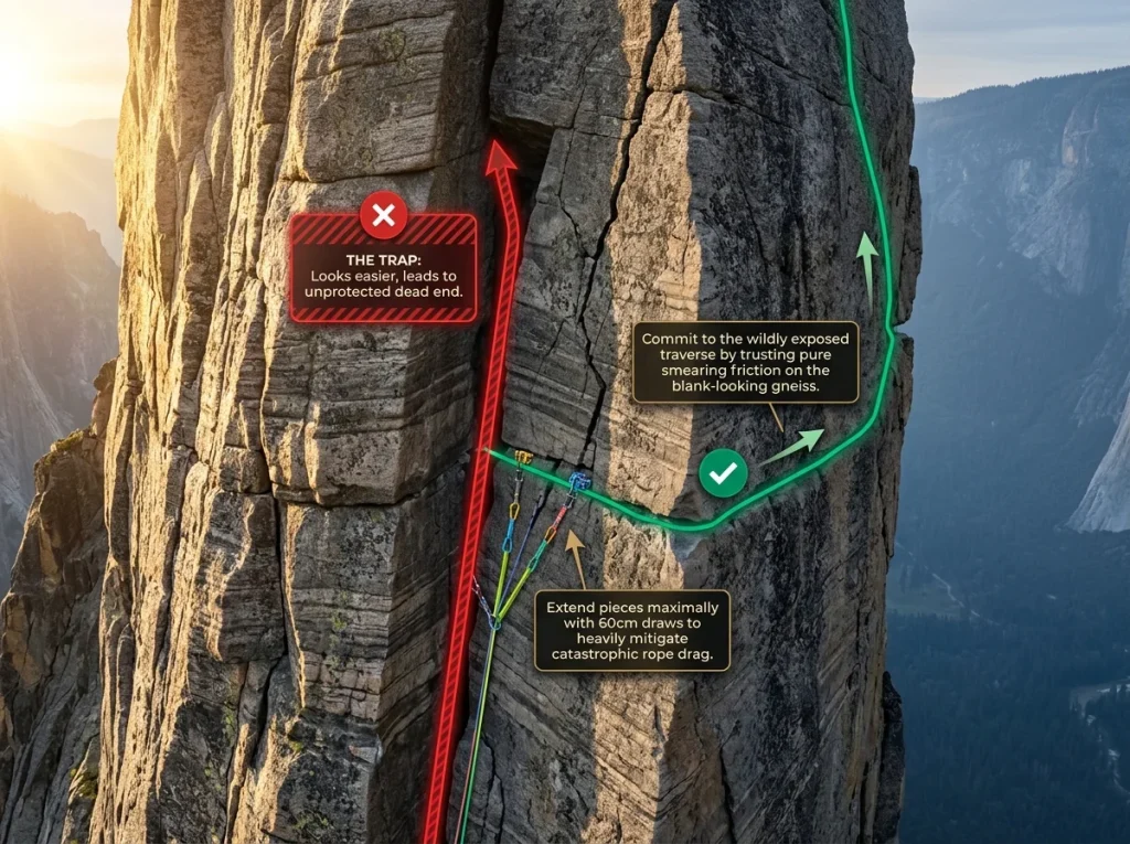 Infographic showing Culp-Bossier pitch 6 route topo with labeled correct path, hazard zones, and cam placements