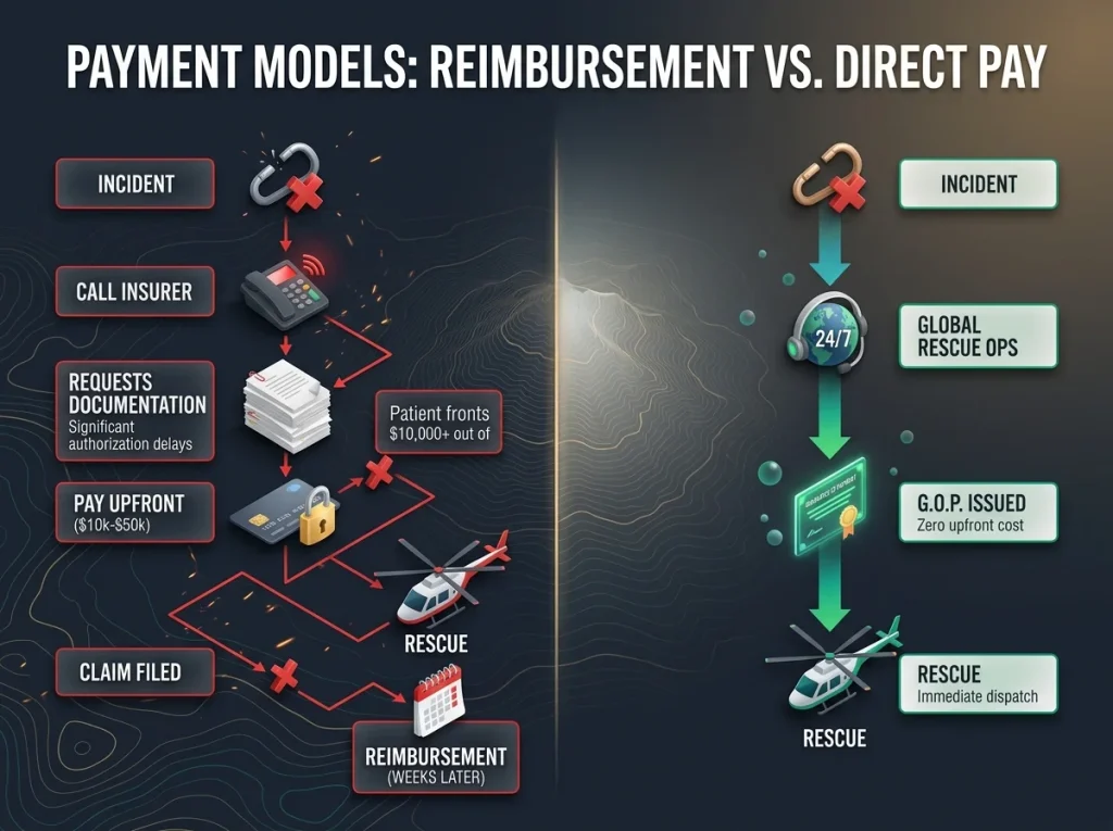 Infographic comparing direct pay versus reimbursement climbing rescue models with operation timelines and financial requirements