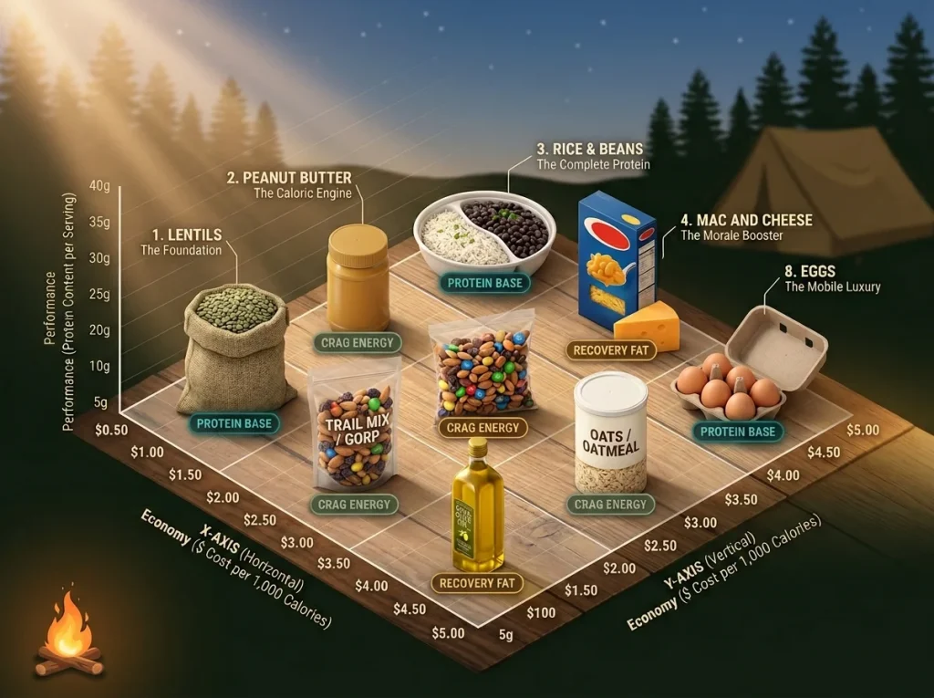 Caloric density matrix grid for climbing dirtbag food staples by cost and protein content with color-coded nutritional roles