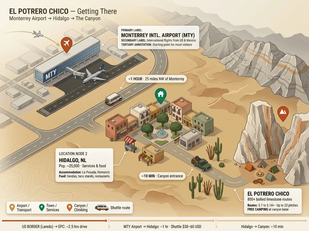 Infographic map showing Monterrey airport to Hidalgo to El Potrero Chico with drive times, accommodation and food points