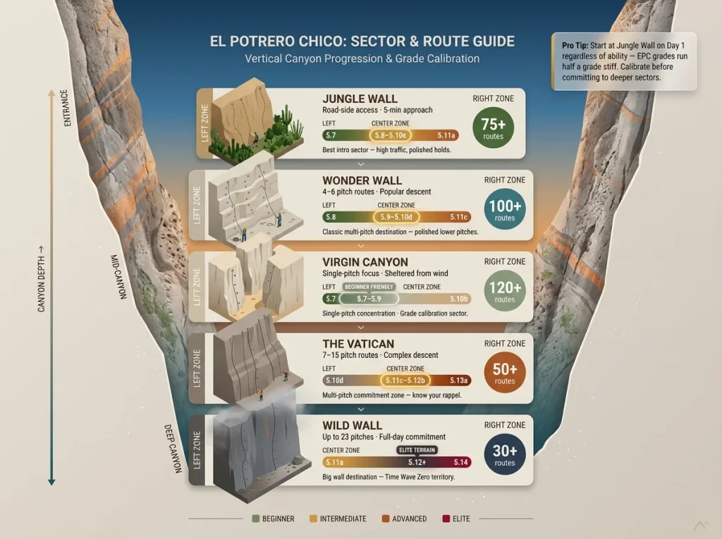 Infographic showing El Potrero Chico wall sectors with grade ranges, route counts, and visual layout for trip planning
