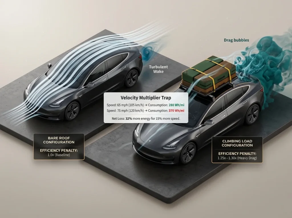 Infographic comparing EV aerodynamics with empty vs. loaded roof racks, showing turbulent wake patterns and efficiency loss