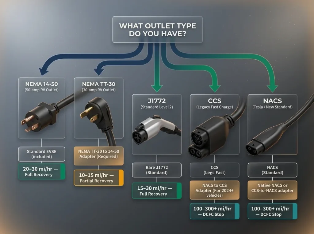 Flowchart for choosing EV charging adapters and connectors at remote crags and RV parks